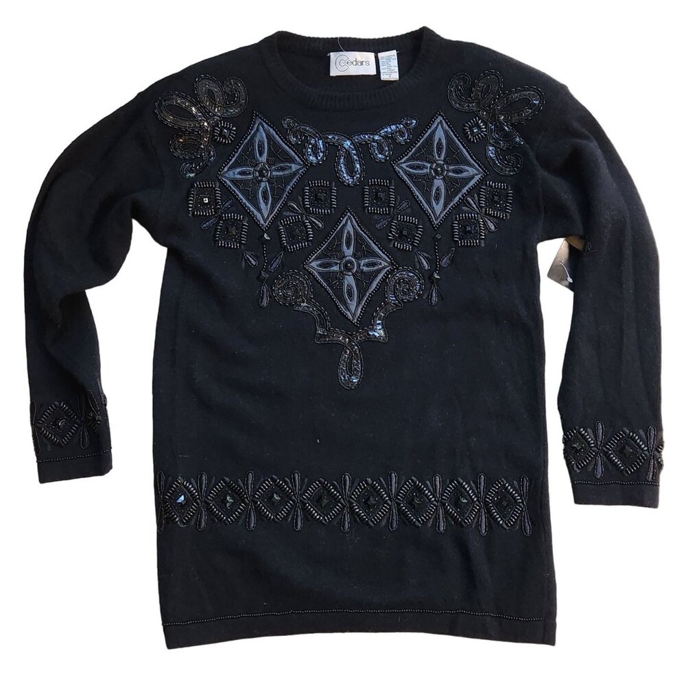 Vintage 1980s Small Cedars Black Angora Lambswool Beaded Snakeskin Sweater Tunic